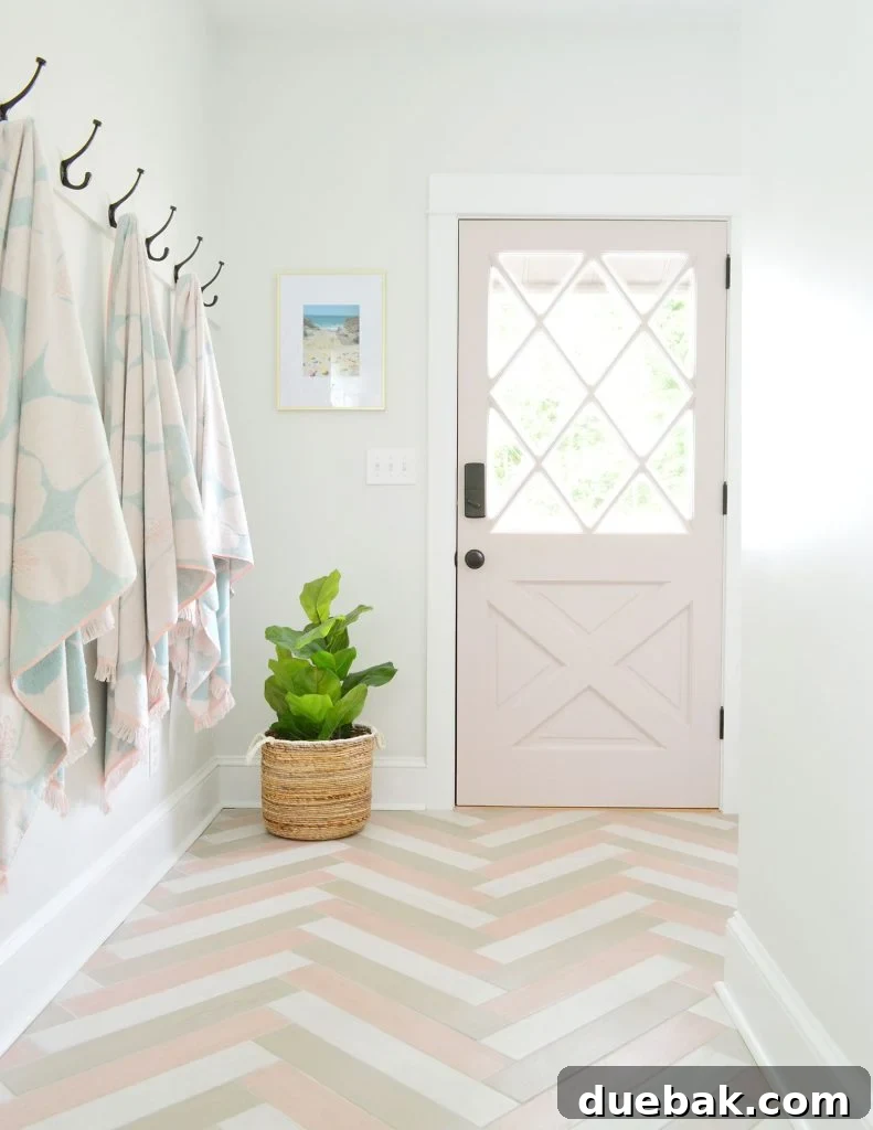 Colorful Pink Mudroom With Pattern Tile Floors Spare White Walls Sherwin Williams Extra White Trim