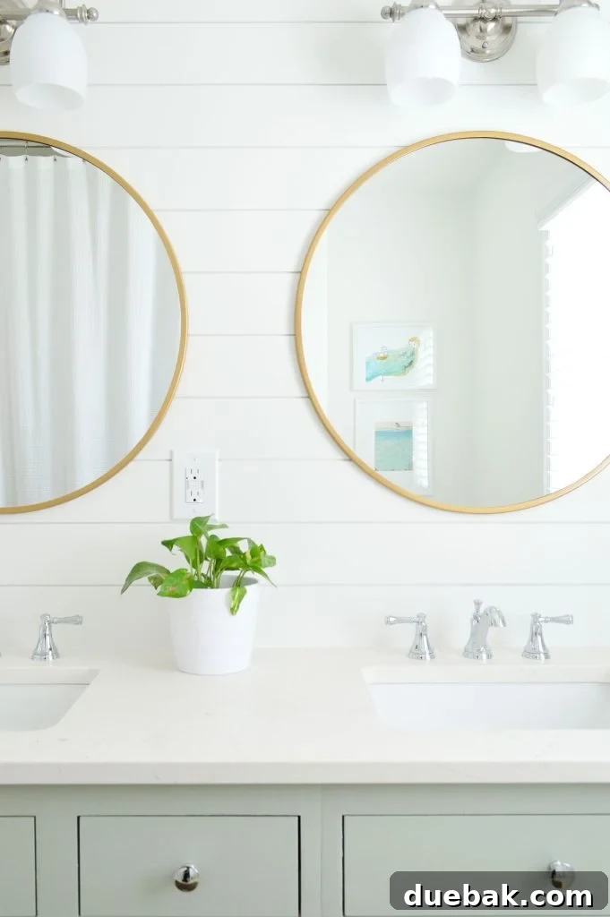 Shiplap Bathroom With Green Cabinets Round Gold Mirrors Extra White Walls