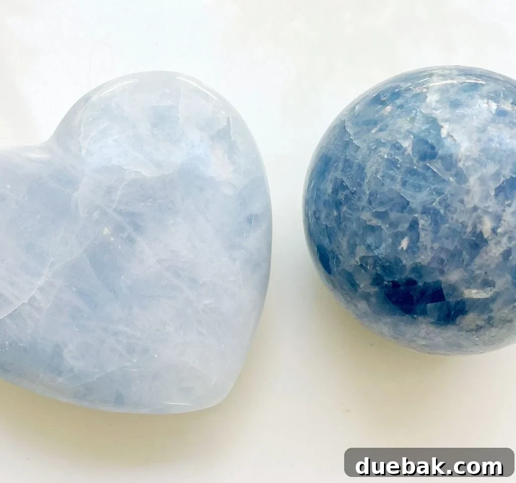 Blue Calcite: Meaning and Metaphysical Properties 2 Blue Calcite Crystal Heart And Polished Sphere