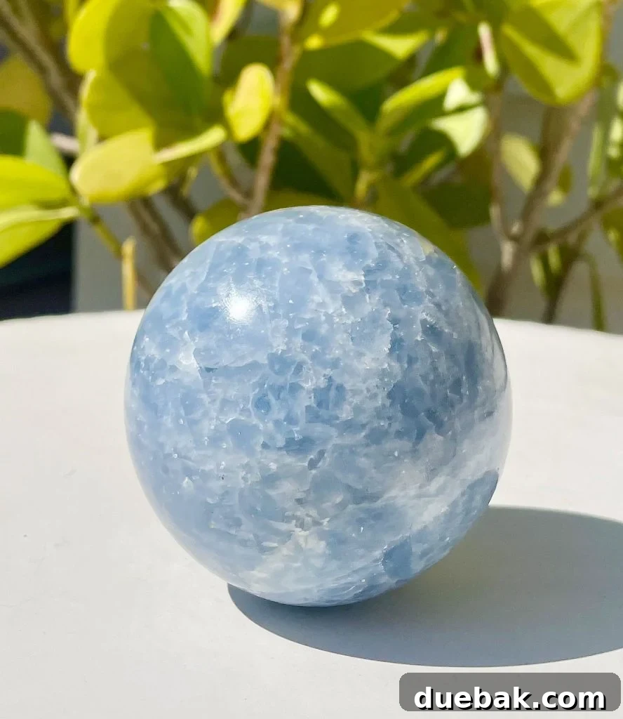 Blue Calcite: Meaning and Metaphysical Properties 4 Blue Calcite Sphere With Plant