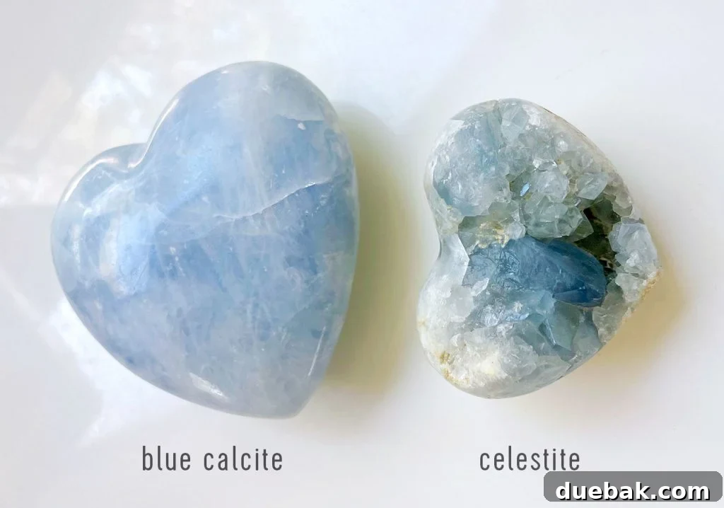 Blue Calcite: Meaning and Metaphysical Properties 5 Blue Calcite Vs Celestite Side By Side