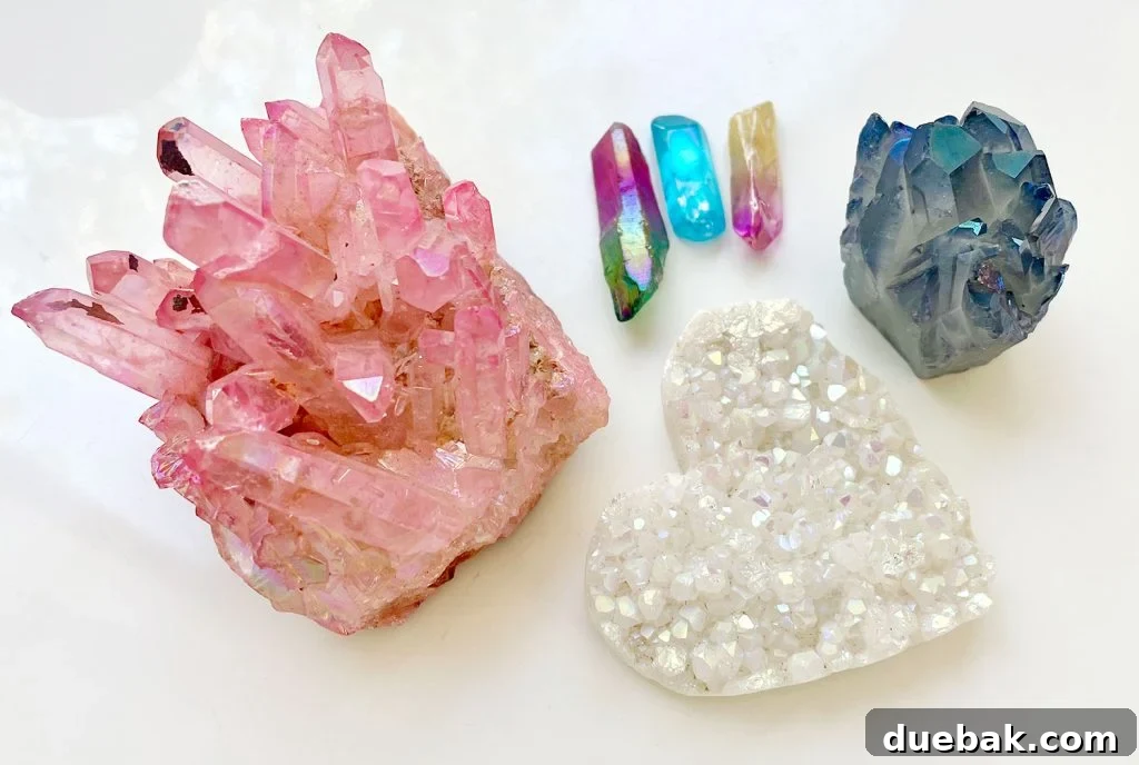 Collection of Aura Quartz crystals in various colors, including rose, rainbow, blue, and angel aura, sparkling on display.