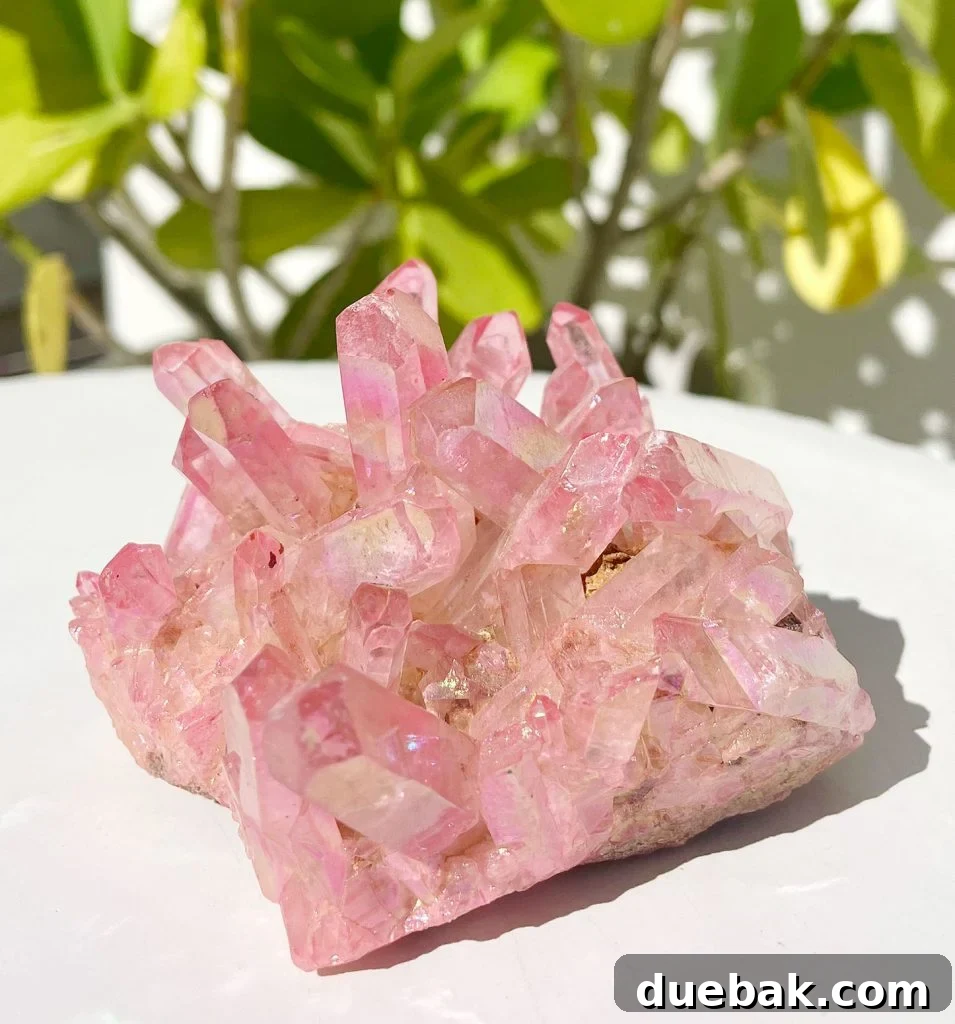 A beautiful cluster of Rose Aura Quartz crystals, exhibiting a soft pink iridescent glow.
