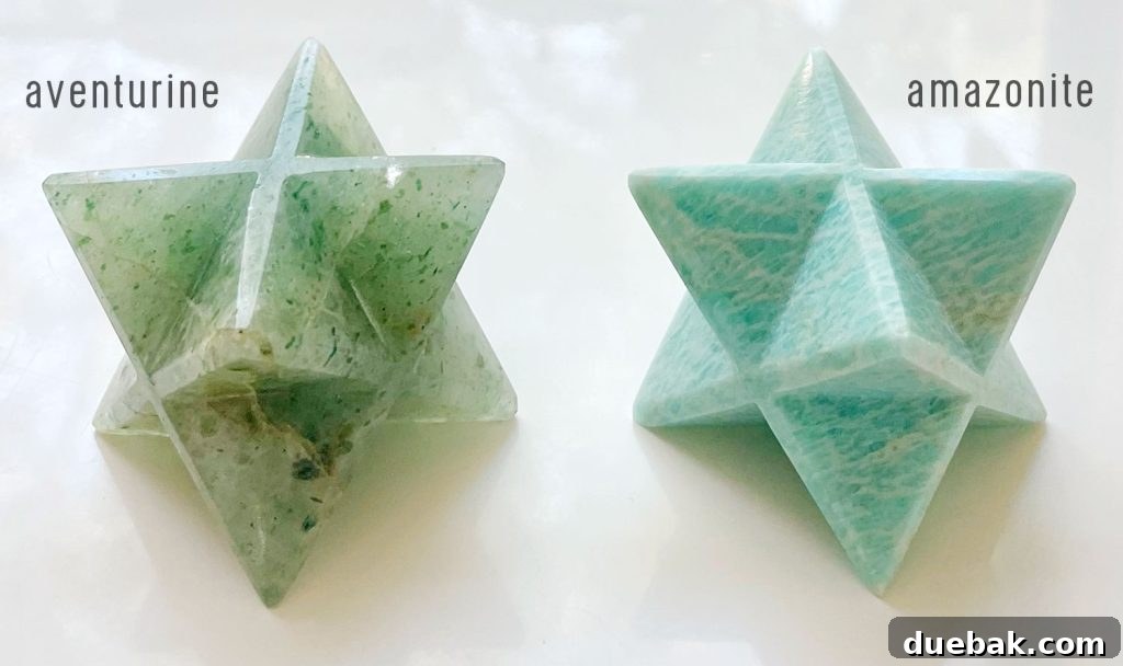 Side by side comparison of aventurine and amazonite crystals