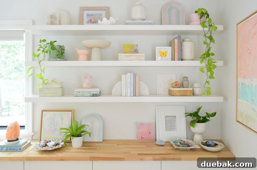 Three Long Ikea Lack Floating Shelves Decorated With Plants Books And Objects