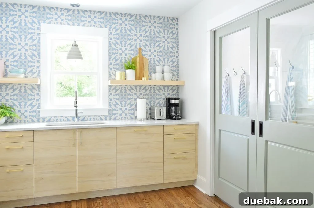 Elevate Your Kitchen with DIY Floating Shelves 16 Floating Kitchen Shelves in a Wood-Toned Kitchen with a Blue Backsplash, showcasing a natural sealed finish