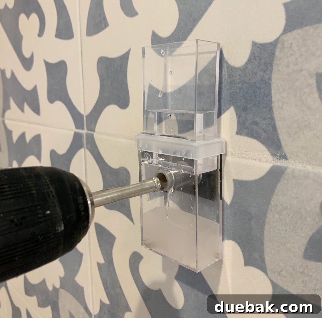 Elevate Your Kitchen with DIY Floating Shelves 10 Cordless Drill with Diamond Bit Drilling Through Tile Backsplash Using a Water Delivery System