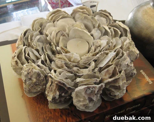DIY Oyster Shell Votive Holder Inspired by Savannah Finds Layered oyster shell votive candle holder, inspiring a DIY project