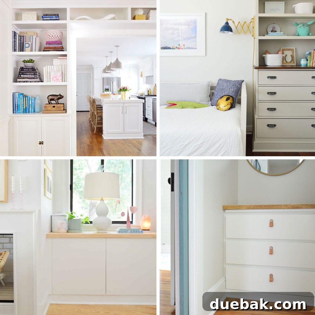 Crafting Custom Built-In Cabinetry 13 A collage of four different DIY built-in cabinet projects, showcasing diverse styles and applications using stock cabinets and Ikea hacks