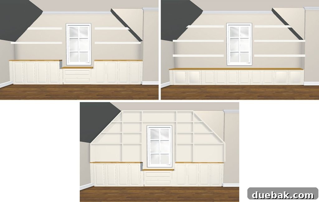 Crafting Custom Built-In Cabinetry 4 Detailed Ikea Kitchen Planner renderings showcasing various design ideas for bonus room built-in cabinets, including potential shelf layouts