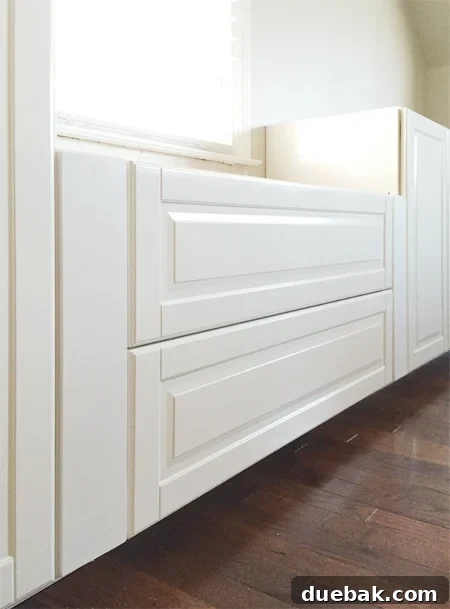 Crafting Custom Built-In Cabinetry 9 Second layer of filler panels expertly added to Ikea Bodbyn Sektion cabinet drawers and bases, creating a seamless, custom built-in appearance