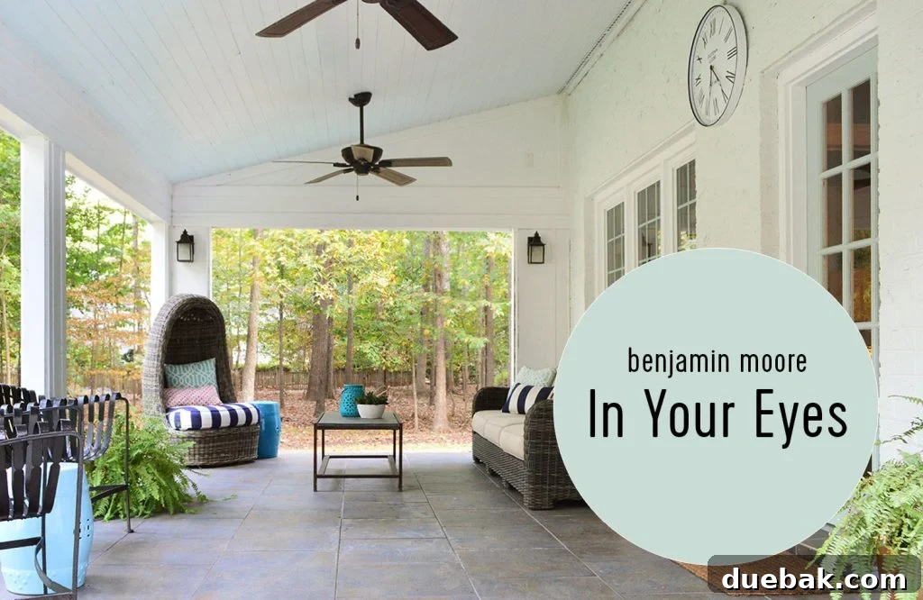 Southern Serenity: Top Haint Blue Paint Shades 8 Haint Blue Ceiling In Covered Porch, Benjamin Moore In Your Eyes shade, demonstrating how lighter blues work in shaded areas.