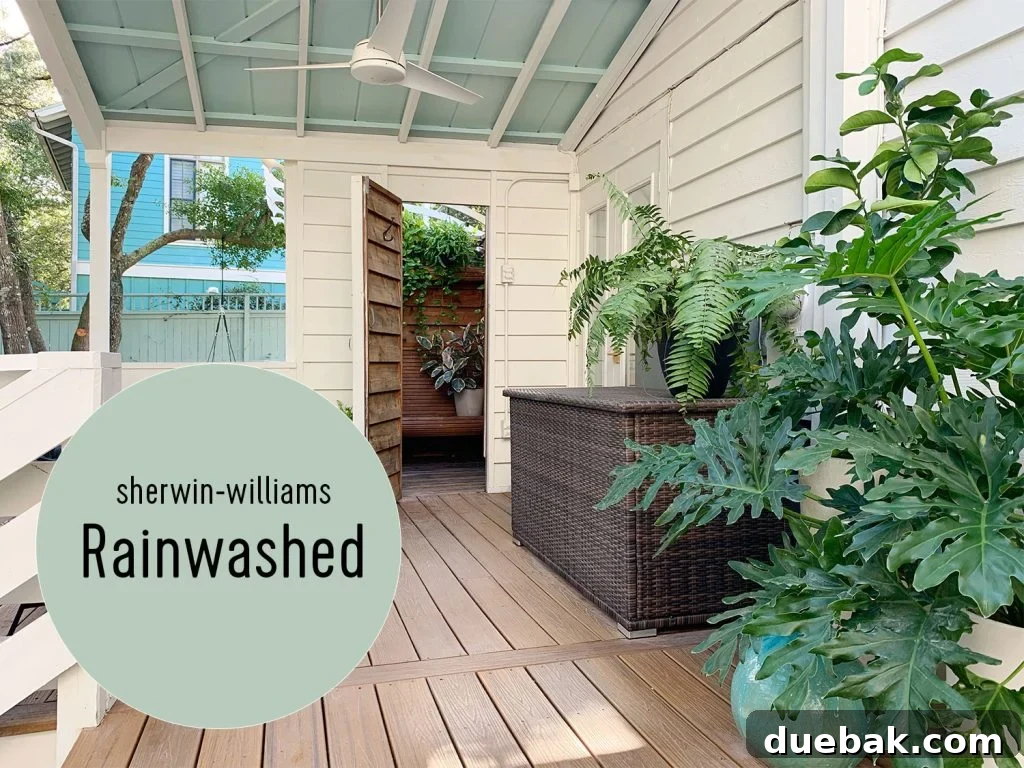 Southern Serenity: Top Haint Blue Paint Shades 10 Haint Blue Ceiling On Covered Porch, Sherwin Williams Rainwashed, blending with natural greenery and a blue-green fence.