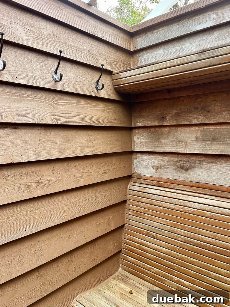 Elevating Your Outdoor Shower with Solid Stain 19 One Wall Of Outdoor Shower Completed With Tugboat Solid Stain by Behr