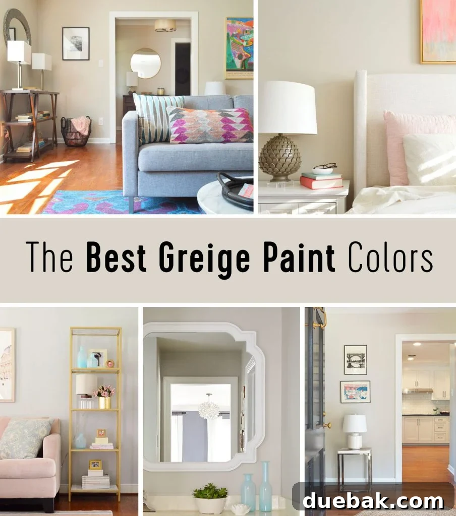 The Best Greige Paint Colors Title Graphic - A comprehensive guide to popular greige paint shades for modern homes.