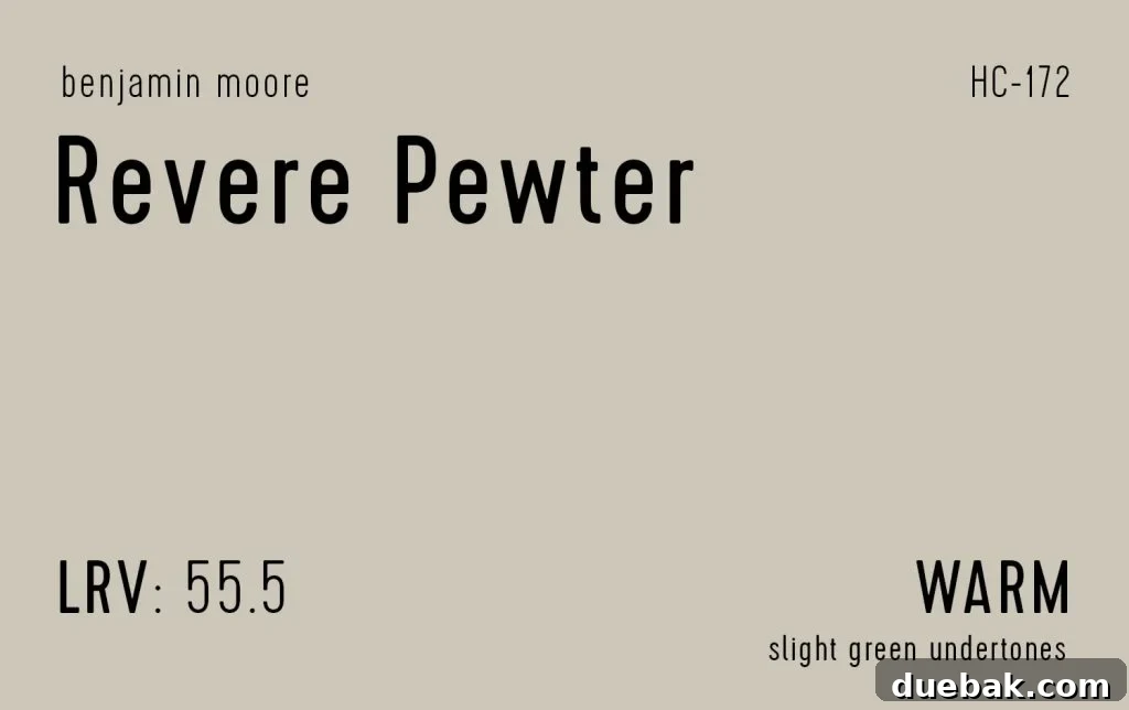 Benjamin Moore Revere Pewter Information Swatch - A classic greige with balanced undertones.