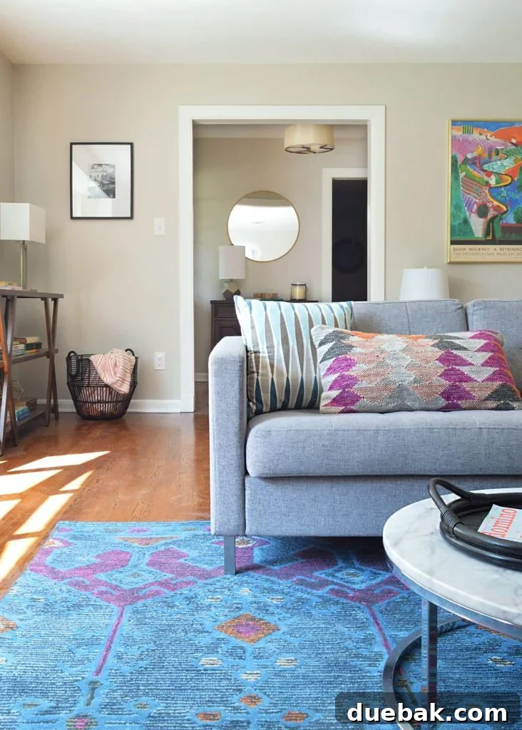 Living Room With Blue Rug and Sherwin Williams Agreeable Gray Walls - A serene and adaptable space.