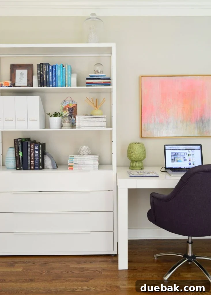 Home Office Desk And Shelves With Edgecomb Gray Paint - Creating a bright and inspiring workspace.
