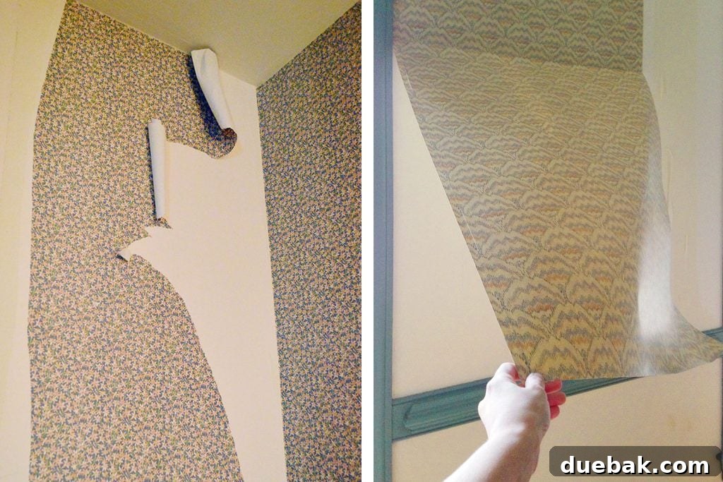 Side by Side of Torn Wallpaper Strips And Full Sheet Coming Off