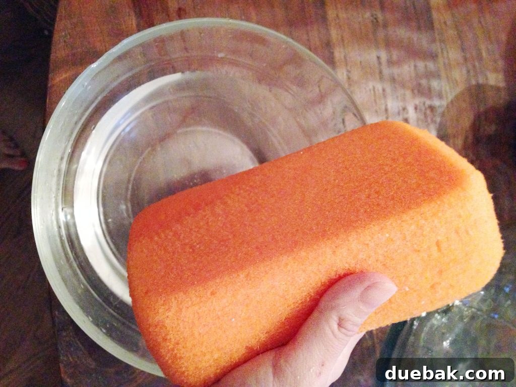Hand holding orange sponge over bowl