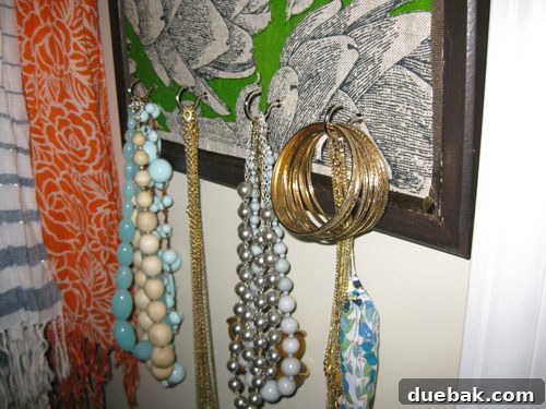 Close-up of a DIY jewelry organizer showcasing earrings on ribbons and necklaces on hooks