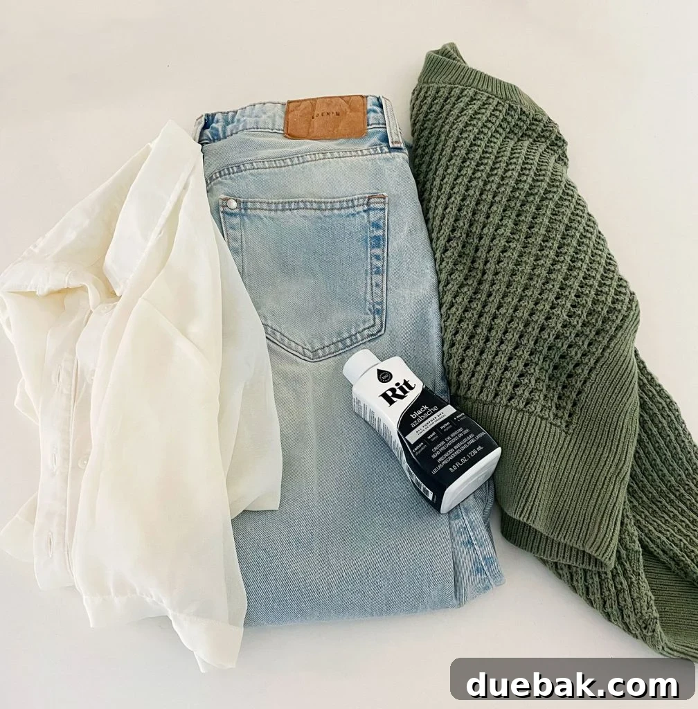 Mastering Fabric Dyeing at Home 2 White Shirt Denim Jeans And Green Sweater To Be Dyed Black With Rit Fabric Dye