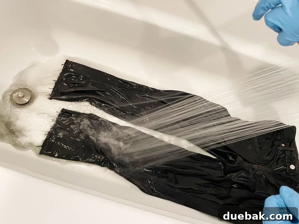 Mastering Fabric Dyeing at Home 15 Rinsing Excess Black Dye from Jeans In Bathtub