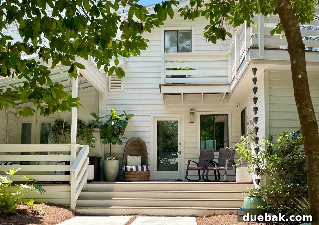 Cozy white beach house exterior, inviting and minimalist