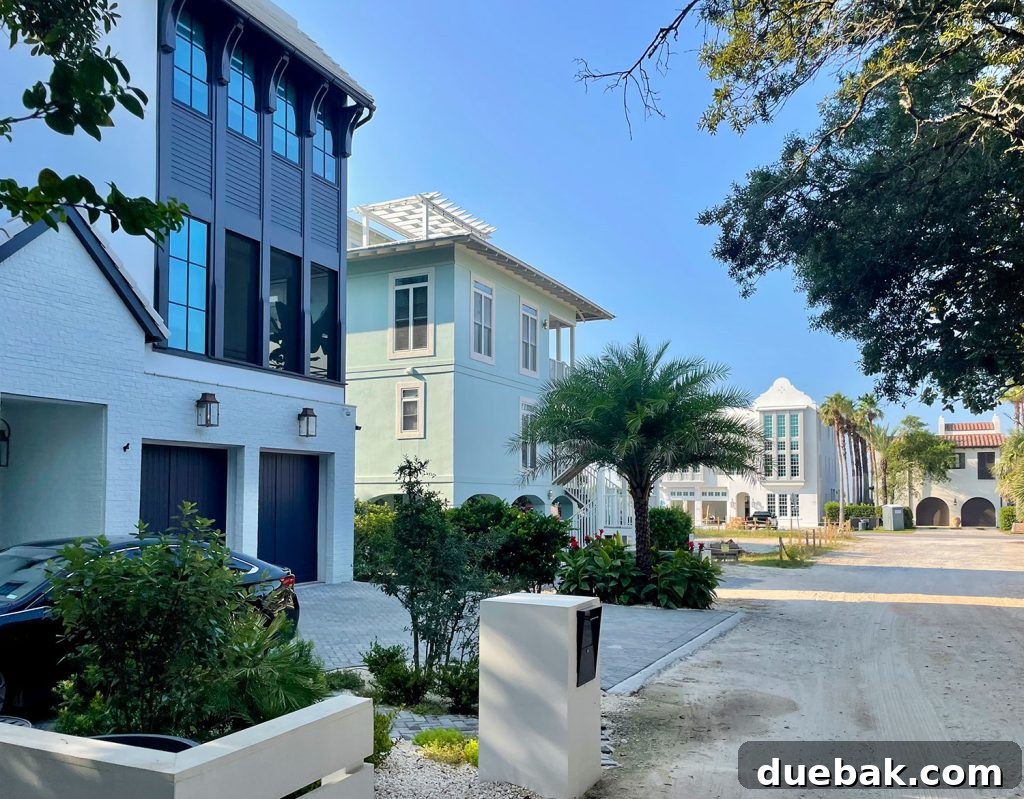 Street lined with diverse multi-story homes and palm trees, showcasing a vibrant neighborhood