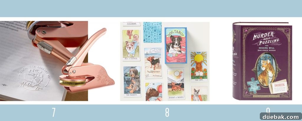 Holiday Gift Inspiration 6 More Holiday Gift Ideas for Adults: Personalized Library Embosser, Pet Tarot Cards, Murder Most Puzzling
