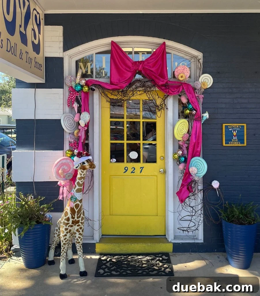 Decorated Yellow Front Door For Miners Doll and Toy Store In Ocean Springs Mississippi