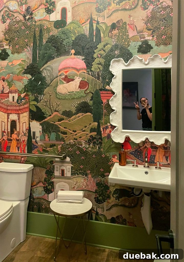 Interior of Palmette Bathroom With Wallpaper