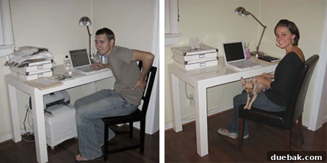 Before and after comparison of a home office desk with a new comfortable Parsons chair