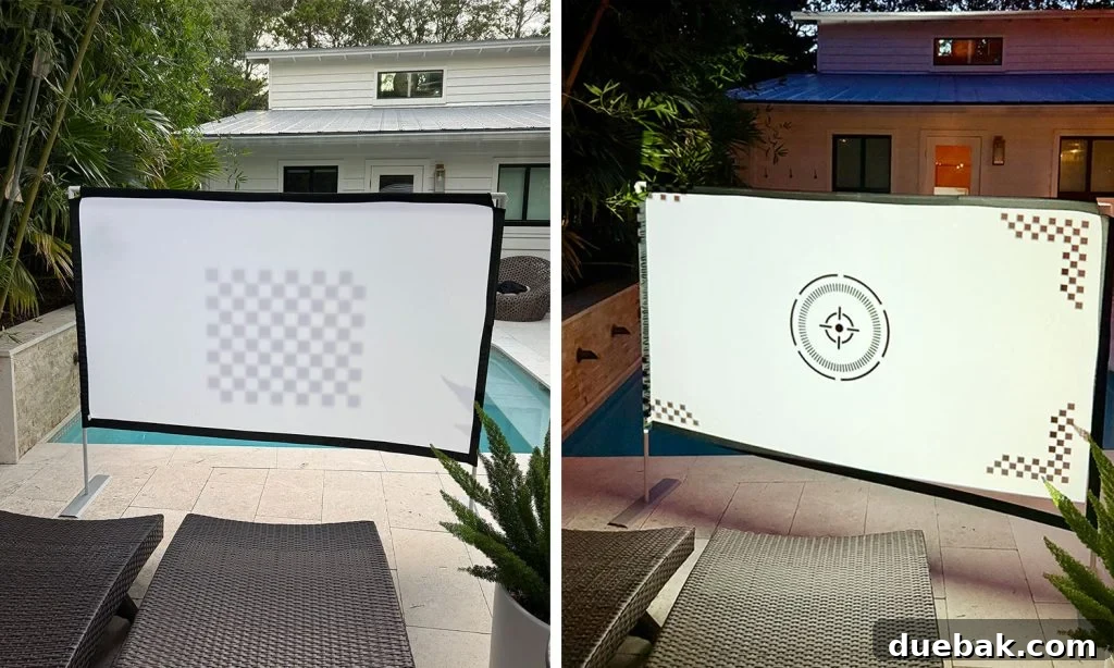 Side by Side of Projector Auto Focus and Auto Keystone Settings On Screen - Illustrates the before and after effects of automatic focus and keystone correction.