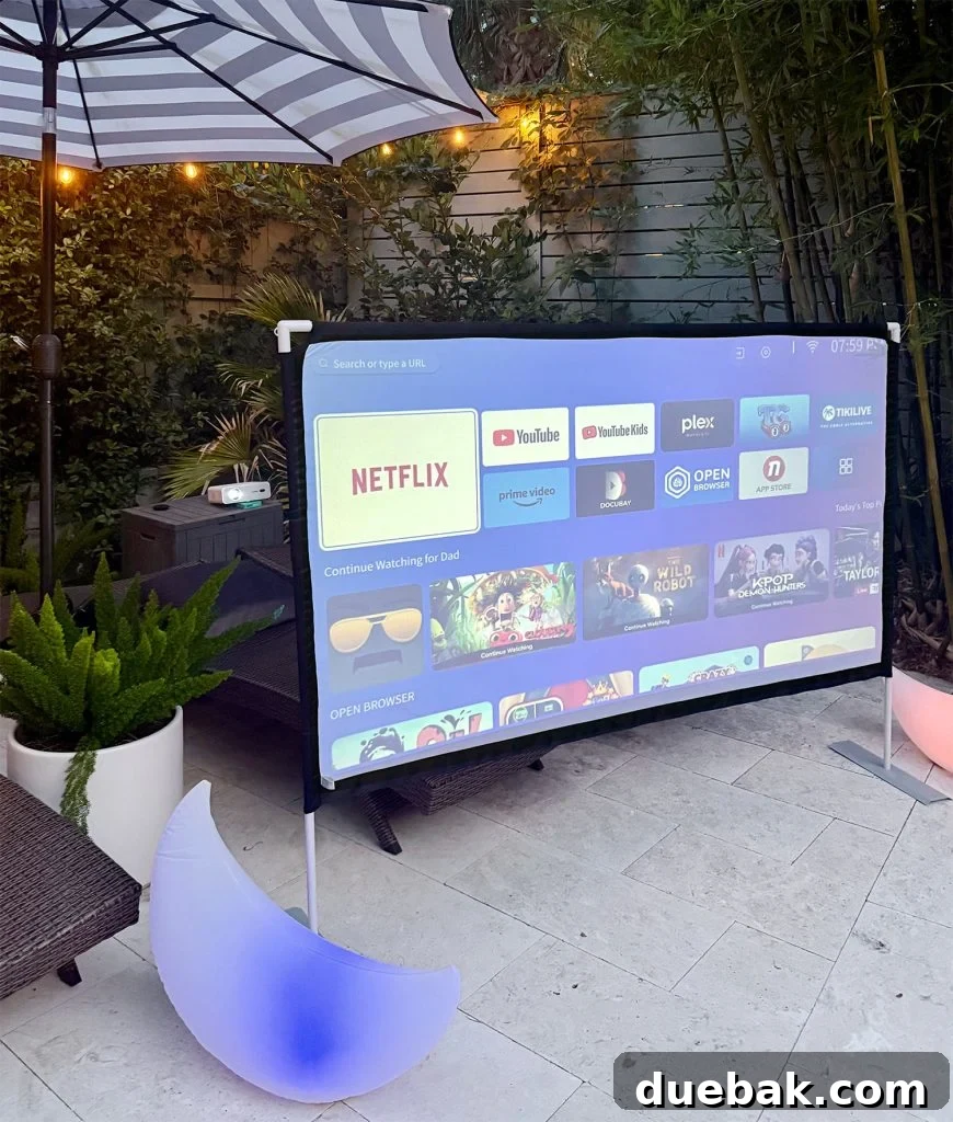 Outdoor Movie Screen With Netflix Prime Video and YouTube - Displaying the projector's smart interface with popular streaming apps.
