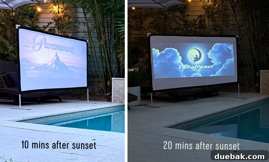 Outdoor screen projection in low light after sunset and full darkness after sunset - A side-by-side comparison demonstrating how much clearer the image becomes in complete darkness.