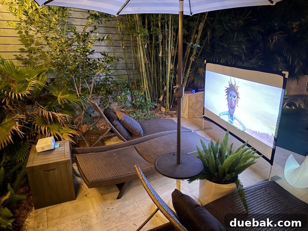Projector Set Up Behind Outdoor Movie Screen - Showing a rear projection setup, ideal for keeping the projector out of the viewing path.