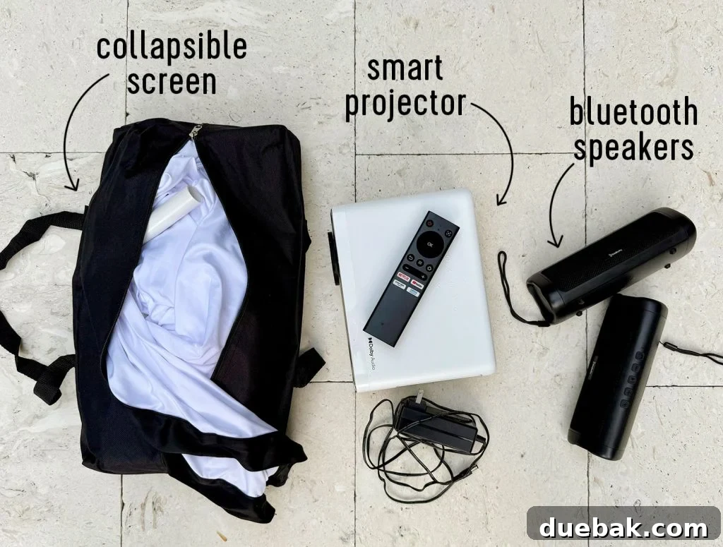 3 Items needed for an outdoor movie night: a collapsible screen, smart projector, and bluetooth speakers laid out for display.