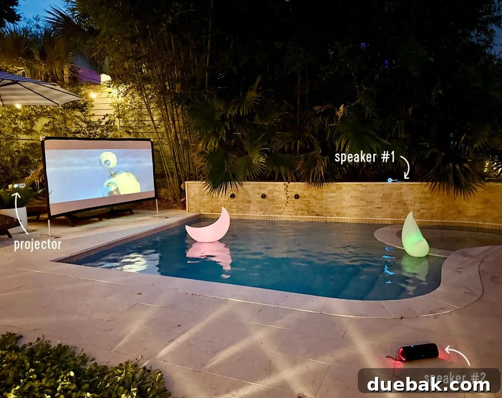 Outdoor Movie Night Bluetooth Speaker Location Set-Up - Illustrates strategic placement of speakers around the outdoor viewing area for optimal sound.