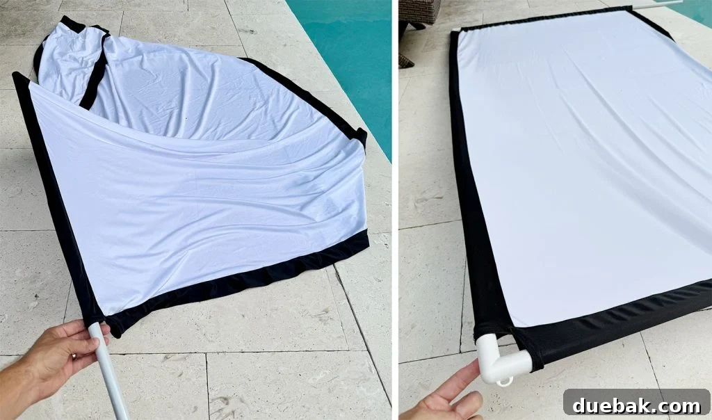 Two Steps to Assembling A Pop Up Outdoor Movie Screen With PVC Pipes - Visual guide on connecting the PVC frame sections and attaching the screen fabric.