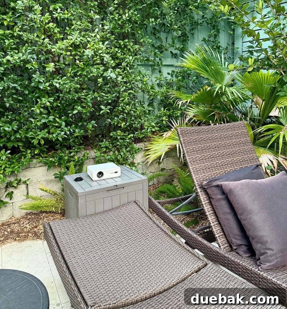 Portable Smart Projector On Box For Outdoor Movie Night - A smart projector positioned on a sturdy box, ready for use outdoors.