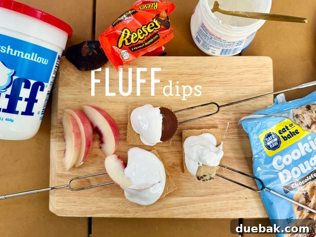 Upraded Smores With Marshmallow Fluff Dips with Peaches Cookie Dough and Reeses Peanut Butter