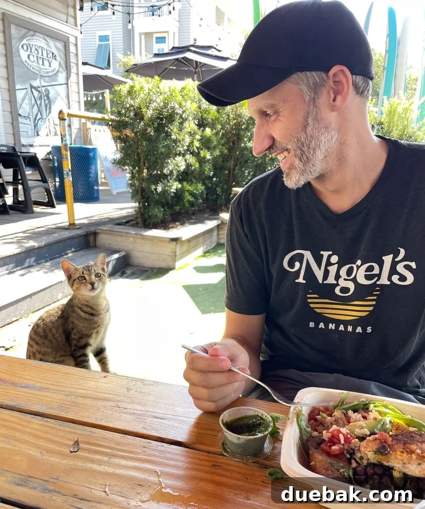 Man enjoying lunch at a patio restaurant with a content boy cat seated beside him, a perfect scene for food-inspired cat names.