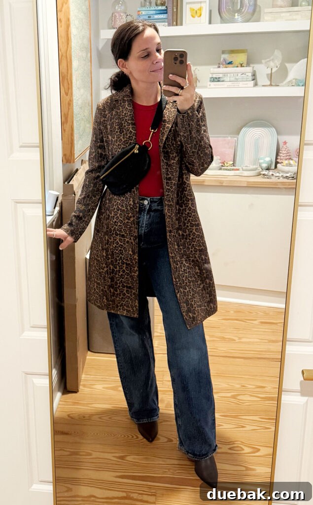 Travel Light to Italy My Ultimate Packing Secrets 5 Sherry Mirror Selfie In Outfit For Italy Red Tank Leopard Jacket Jeans - Layering Fashion