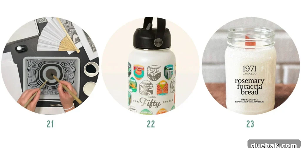 Your 2025 Holiday Gift Guide for All Ages and Budget Friendly Presents Under 15 Dollars 11 More Adult Gift Ideas: Suminagashi Craft Kit, 50 States Water Bottle, Bread Scented Candle