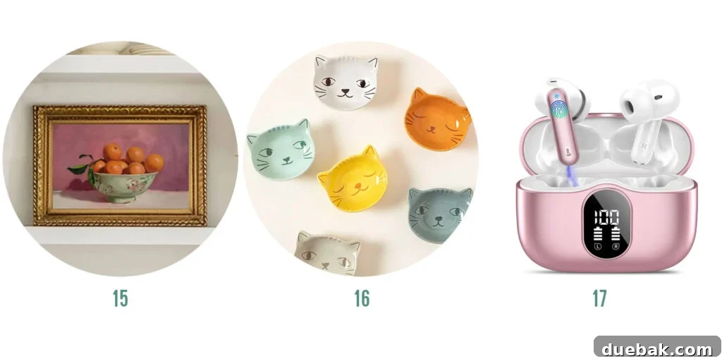 Your 2025 Holiday Gift Guide for All Ages and Budget Friendly Presents Under 15 Dollars 9 Unique Adult Gifts: Vintage Still Life Print, Cat Snack Dishes, Rose Gold Earbuds