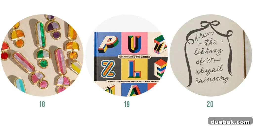 Your 2025 Holiday Gift Guide for All Ages and Budget Friendly Presents Under 15 Dollars 10 Adult Gift Ideas: Lucite Dangle Earrings, NYT Puzzlemania, Personalized Library Stamp