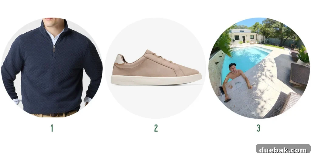 Johns Favorite Things of 2025 Items 1 2 3 - Quilted Half-Zip Sweater, Slip-On Sneaker, Insta360 Camera.
