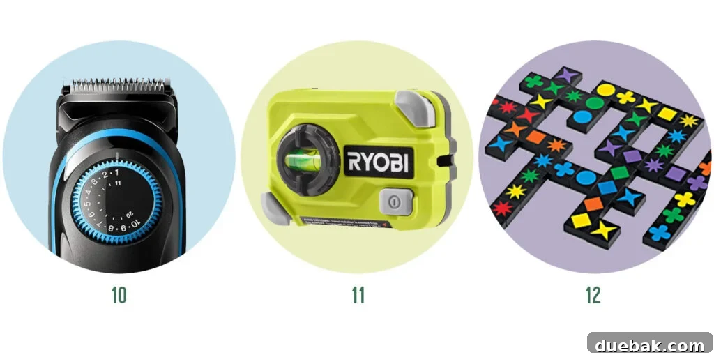 Johns Favorite Things of 2025 Items 10 11 12 - Beard Trimmer, Small Laser Level, Qwirkle Family Game.