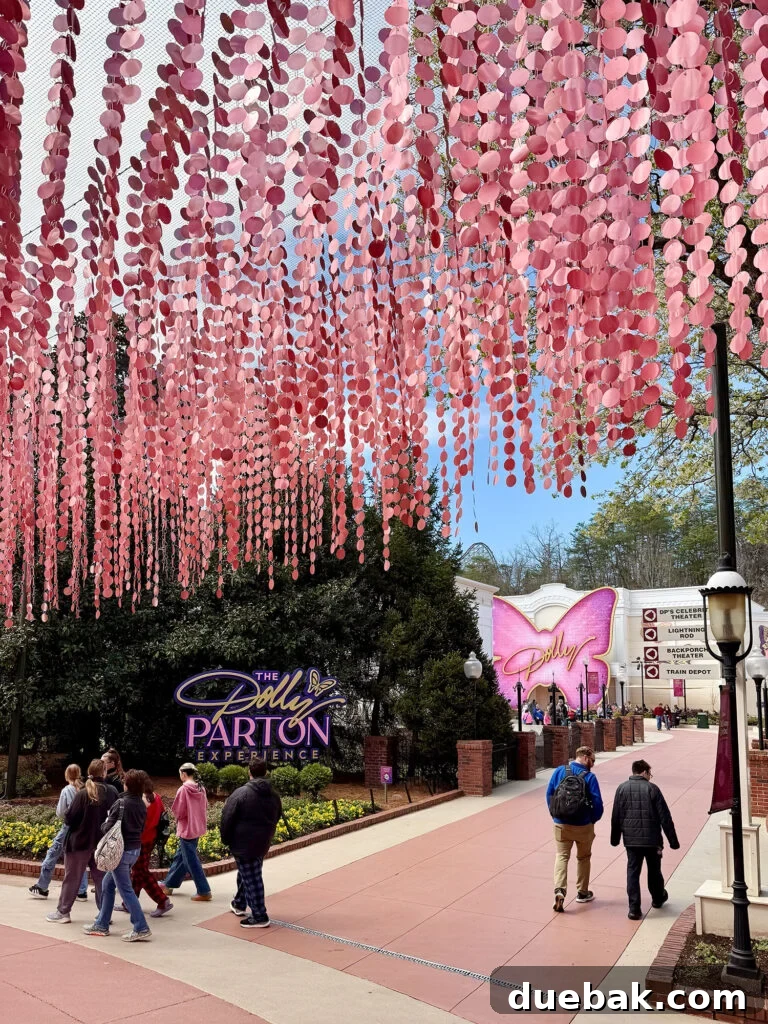 Dollywood Theme Park With Pink Art Installation Overhead